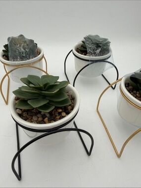 Set Of 4 White Ceramic Succulent Planter with Black and Gold Metal Stands